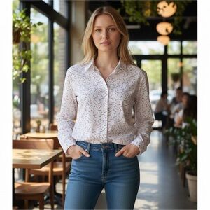 NEW Cosmic Blue Love X Stitch Fix Kylie Button Down Roll Tab Long Sleeve Top S